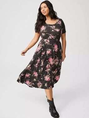 Torrid Super Soft Plus Black Midi Dress with Pink Floral Print Size 2